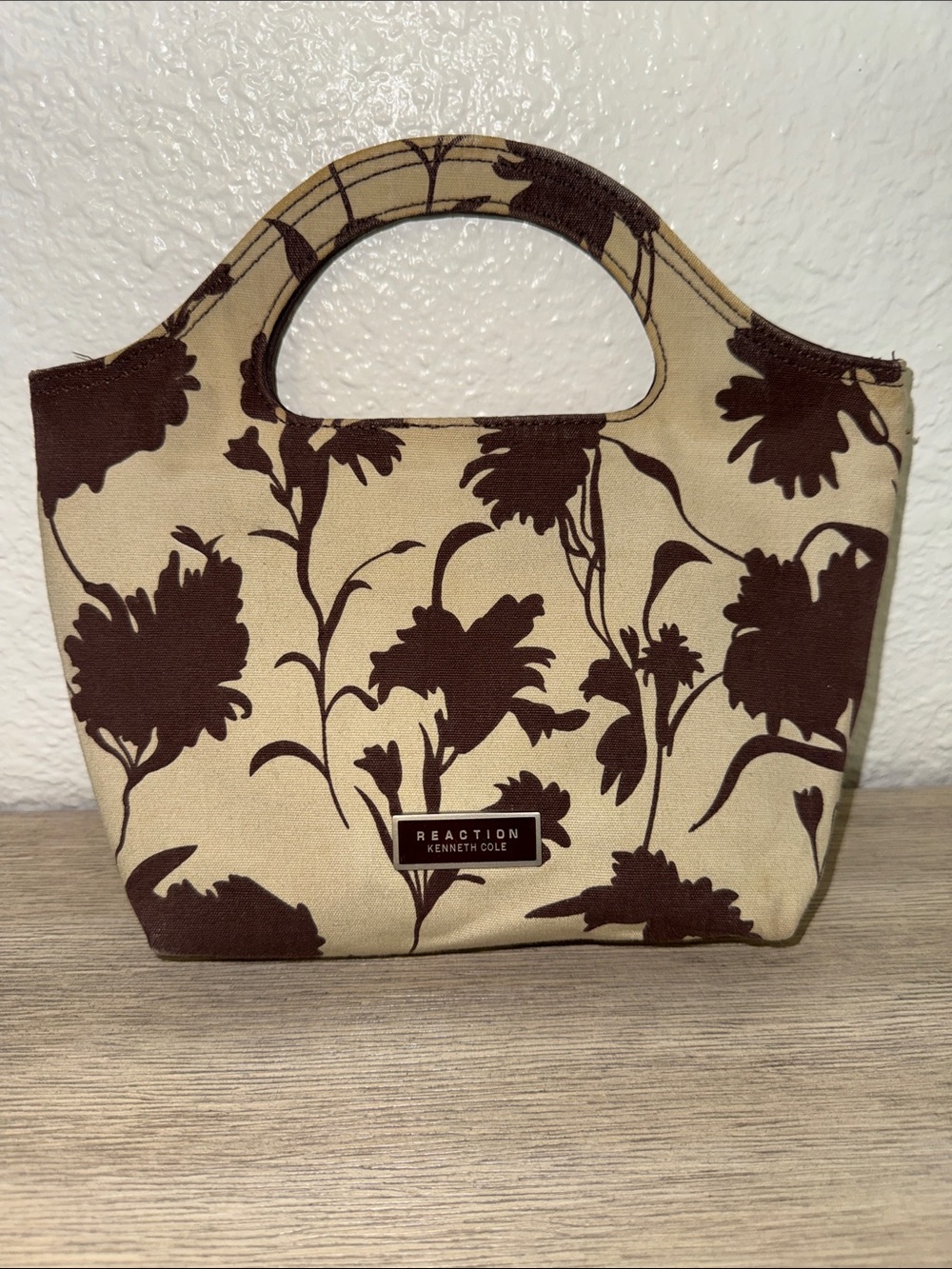 Reaction Kenneth Cole Vintage Brown and Cream Mini Bag with Floral Design 2002
